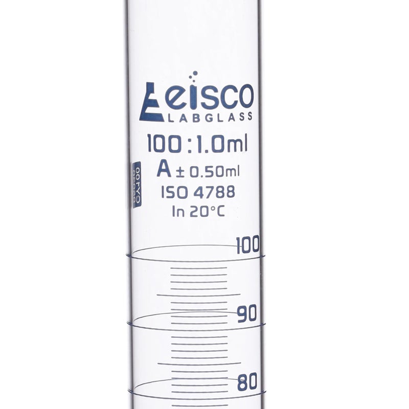 EISCO Graduated Cylinder, 100ml - Class A Tolerance Â±0.50ml - Round Base - Blue Graduations - Borosilicate 3.3 Glass - Eisco Labs - Image 2